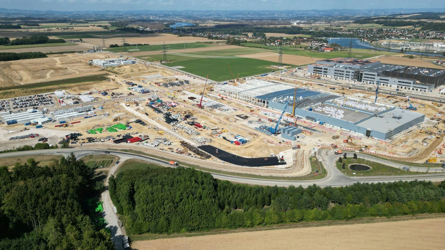 An aerial view of a large logistics site under construction