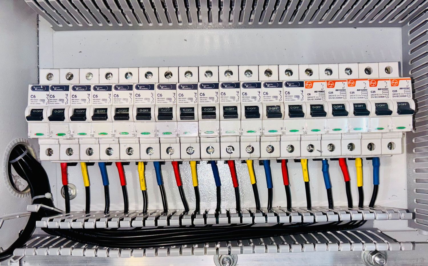 A distribution board, wired and labelled