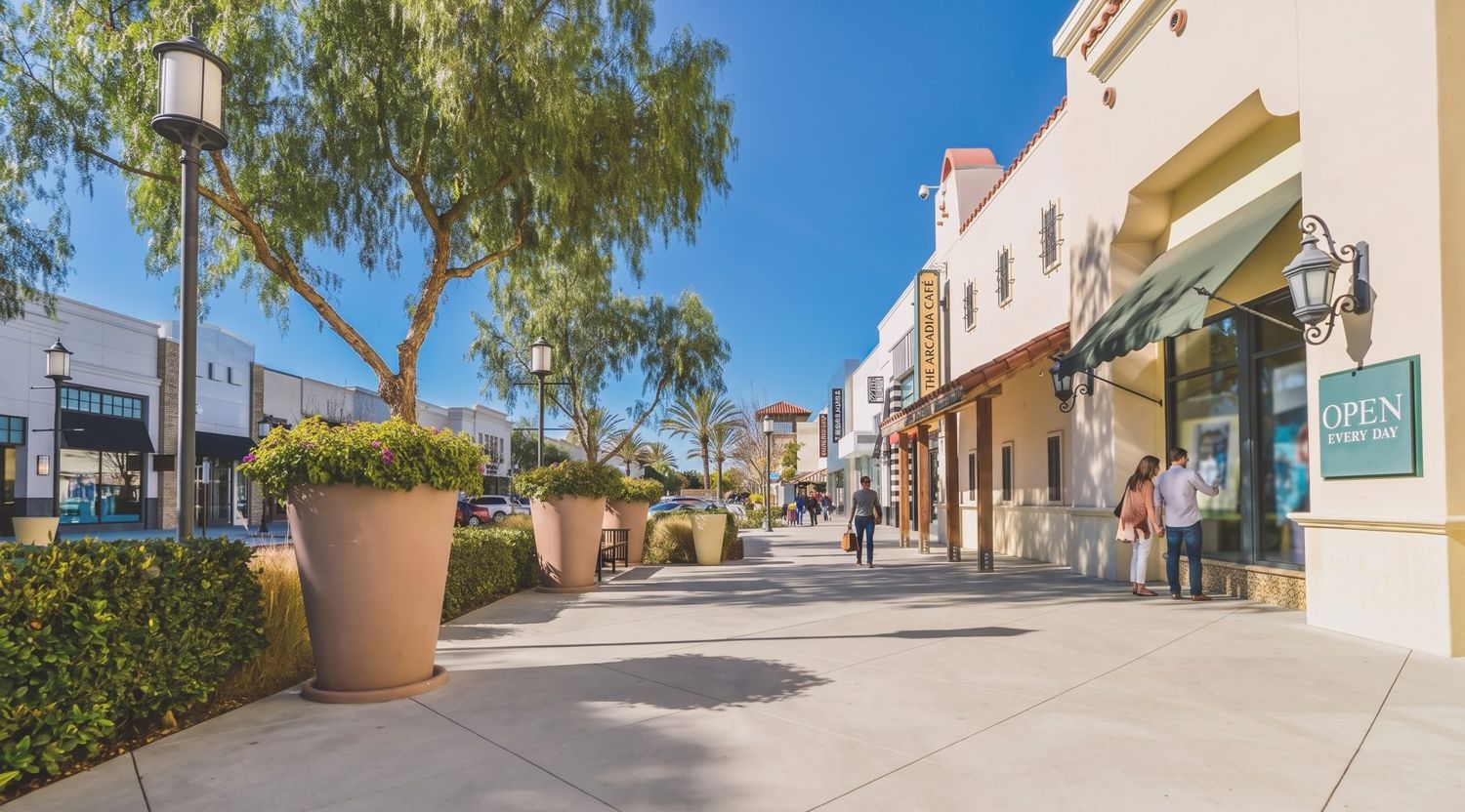 A shopping street with stores and planters