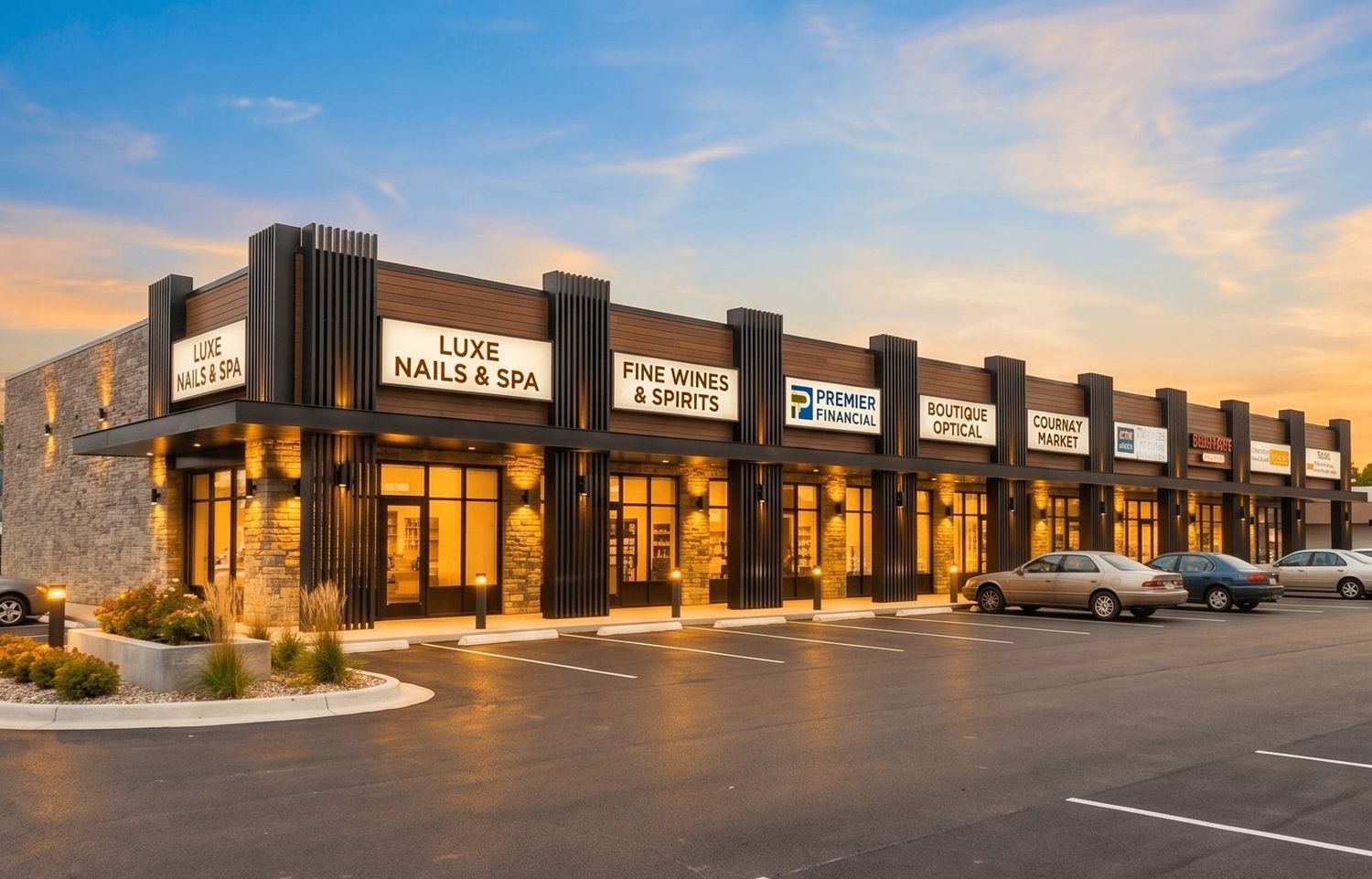 A strip mall with lit storefronts at dusk